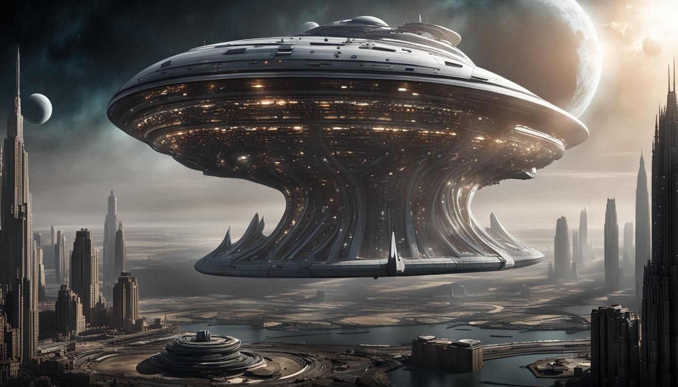 Create an awe-inspiring image of a colossal capital spaceship that eclipses the power and scale of iconic ...  by @Big D