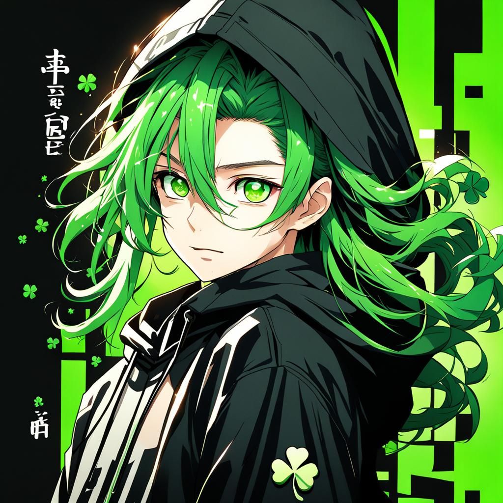 Make Teenager, Long green curly hair, bright green eyes, fou...