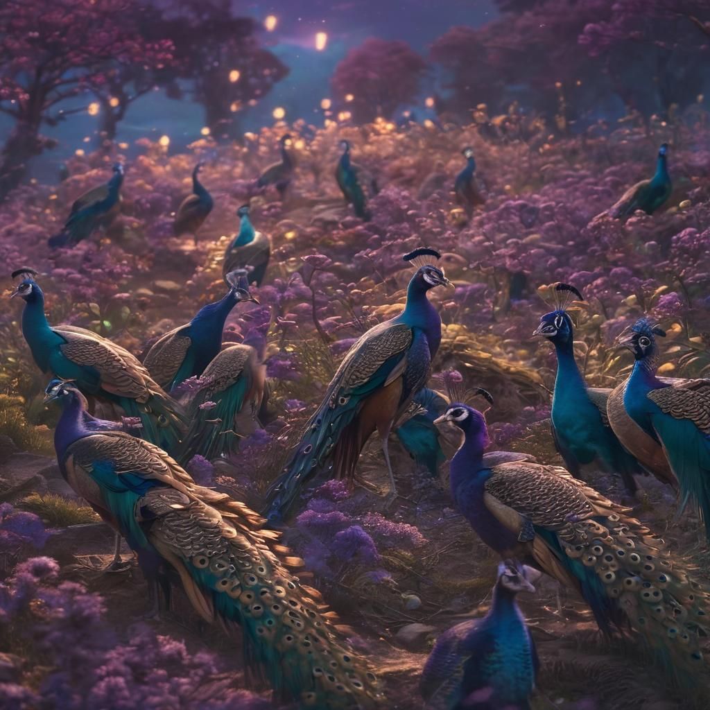 Peacocks Watch Choir Under Northern Lights: Fantasy Art