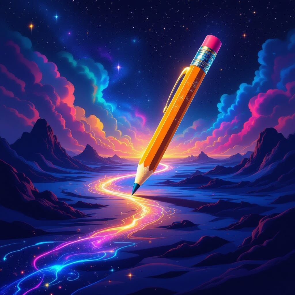 Glowing Pencil Creates Cosmic Path in Stardust Landscape