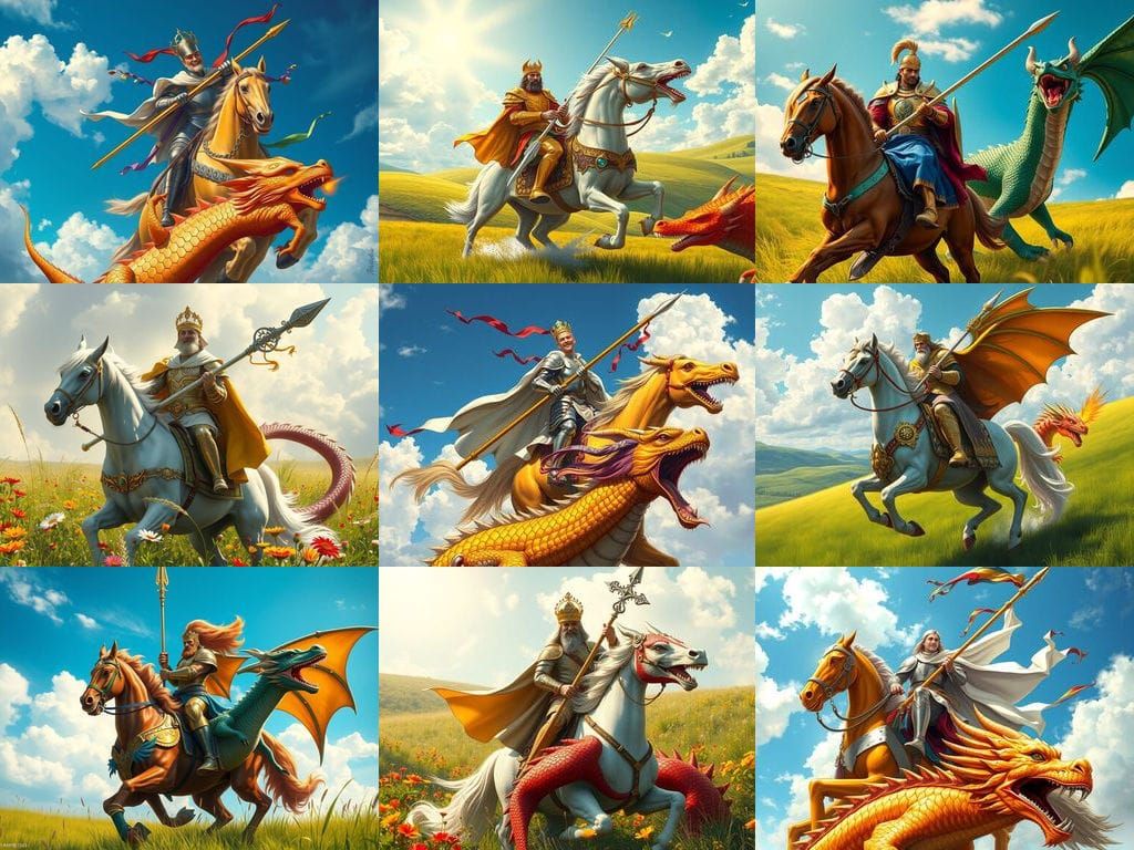 Photorealistic, bright colors: friendly saint riding a horse with a lance and he is stabbing a dragon