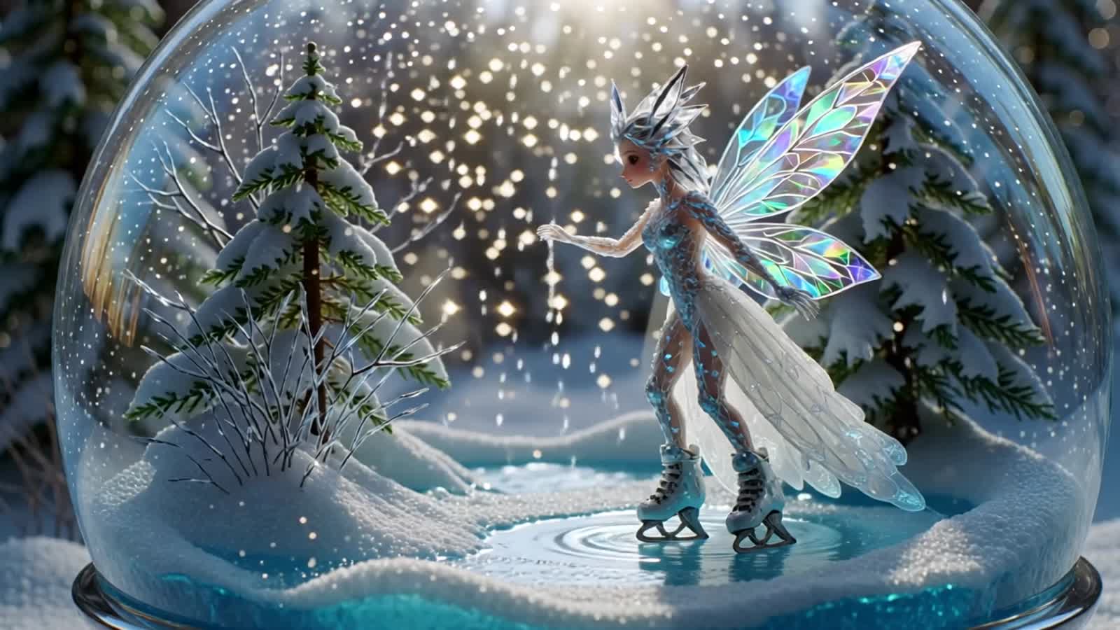 an image of an exquisite, lean, and lythe crystal fairy ice skating on a frozen pond, having faceted crystal hair in an ...