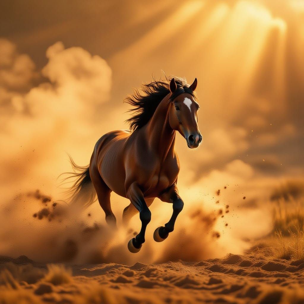 Wild Stallion Gallops in Dramatic Dust Cloud