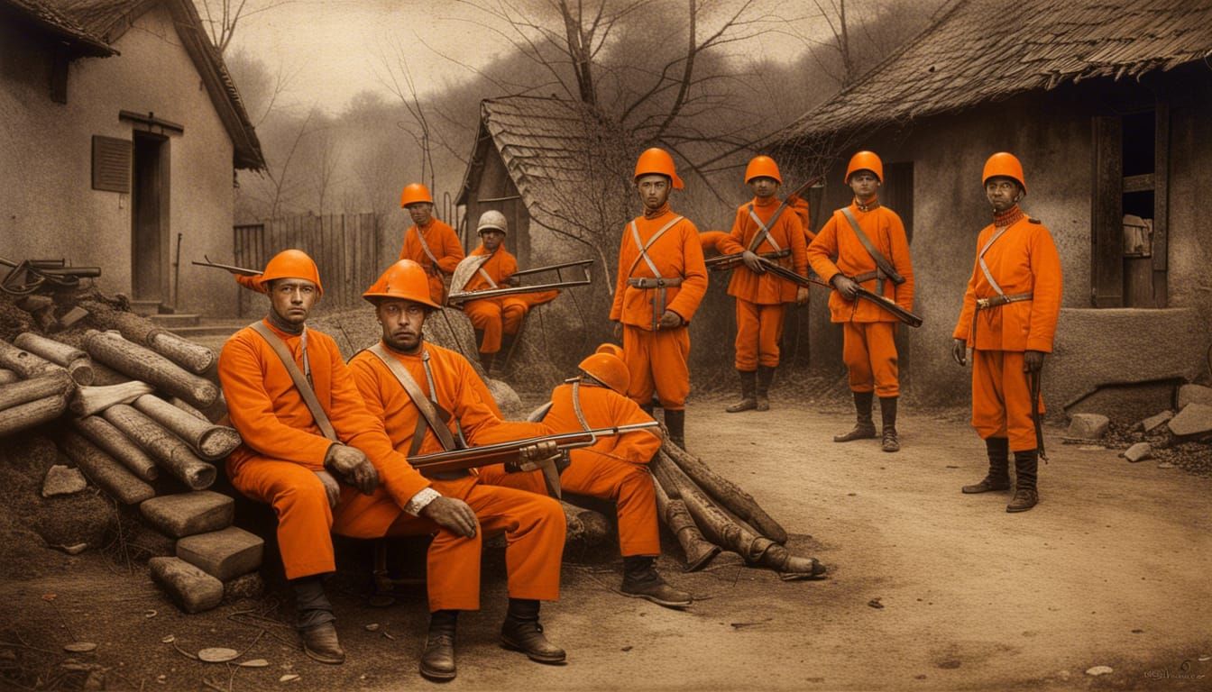 Orange Guard 20th century in a village with guns hyperrealis...