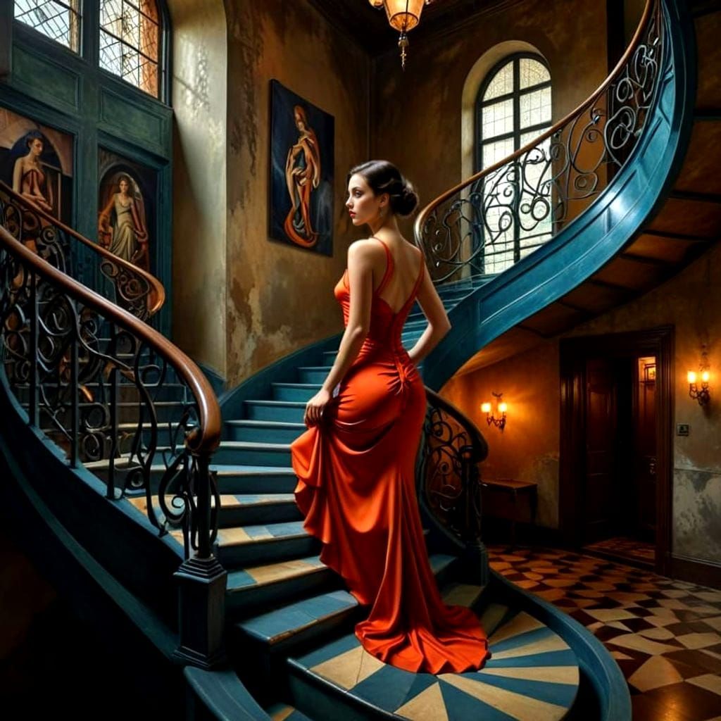 Enigmatic Ladies on Escherian Stairways in a Richly Appointe...