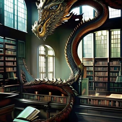 Library ; dragon - AI Generated Artwork - NightCafe Creator