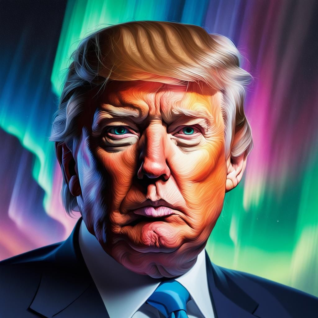 A portrait of Donald Trump with colours of Aurora Borealis