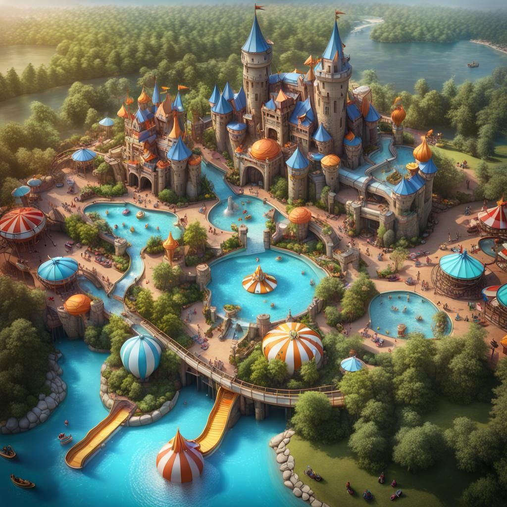 Bird eye view of a water theme park full of people. Fantasy castle in the  middle. Surrounded by a lazy river. contains waterfalls, water sli... - AI  Generated Artwork - NightCafe Creator