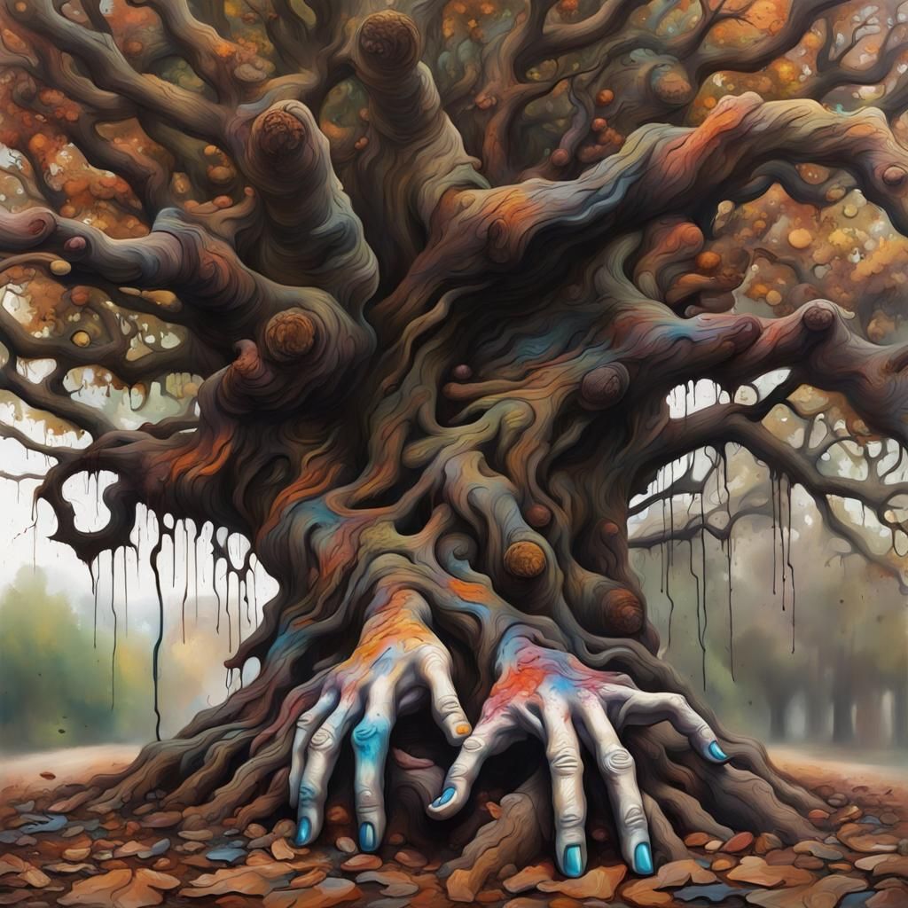 Terrifying Oak Tree of Hands in Graffiti Art