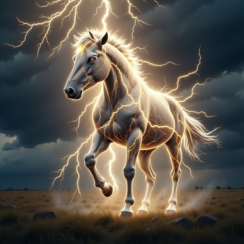  <lora:Raio Flux:1.0> A horse made of lightning