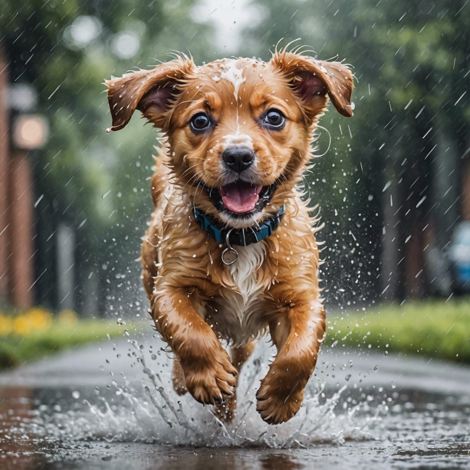 A puppy in pouring rain with a happy expression  by @viisipuu