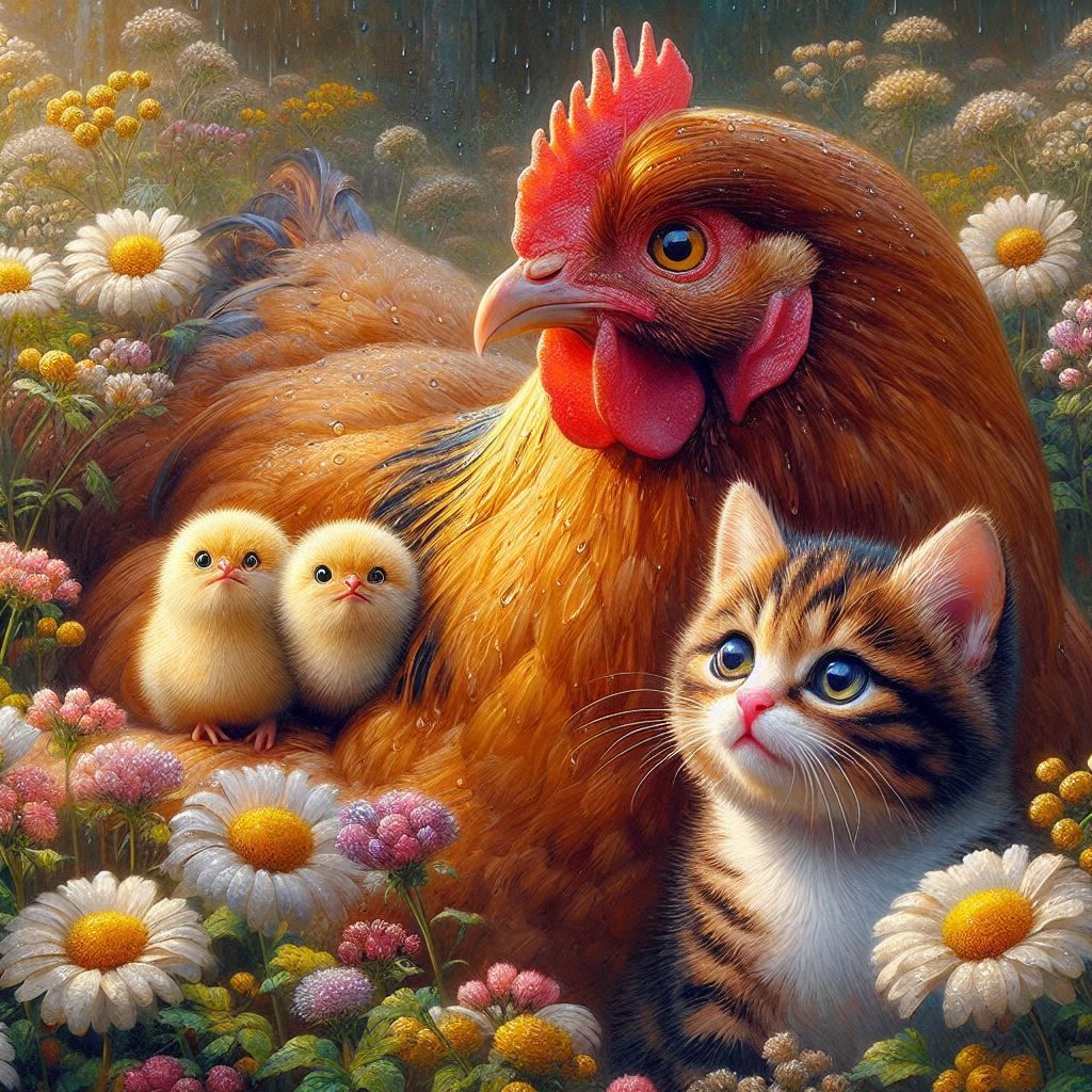 The kitten domesticates the hen