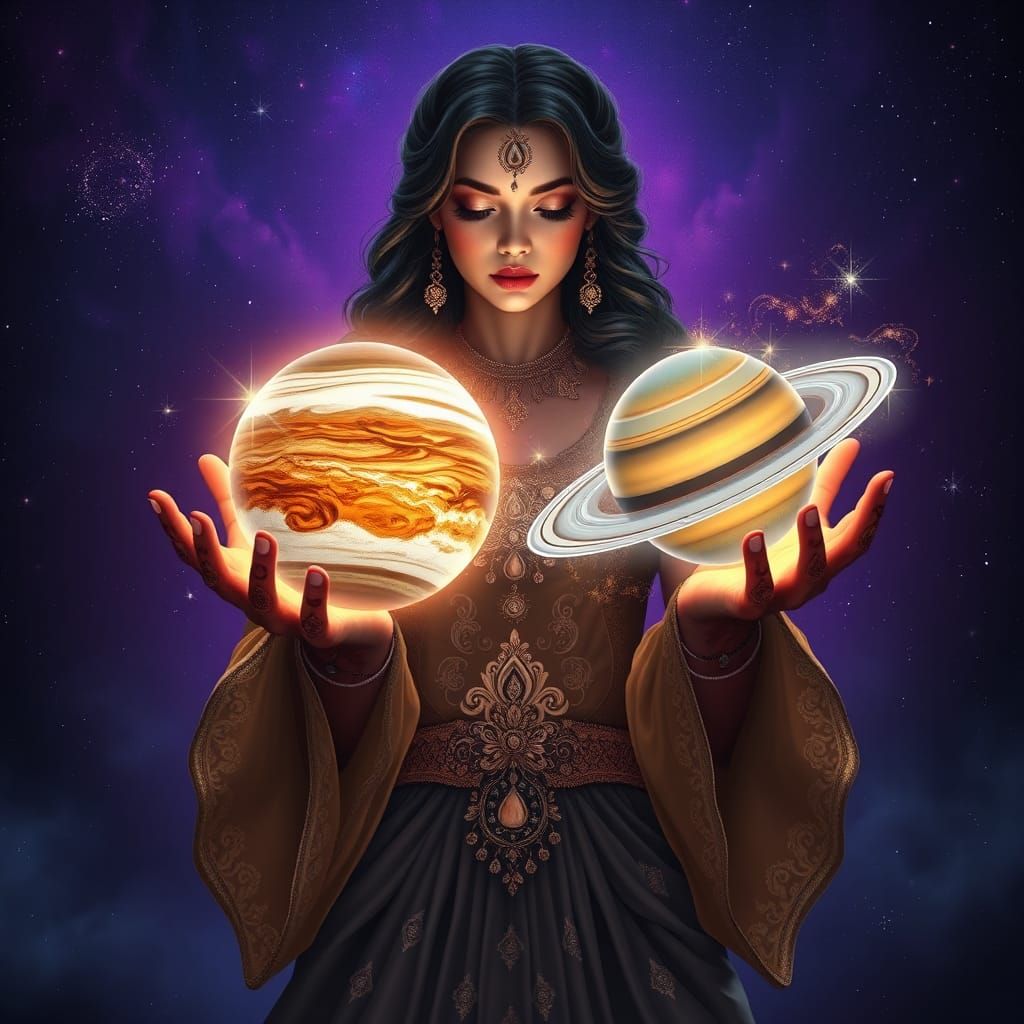 Cosmic Genie Holding Jupiter and Saturn
