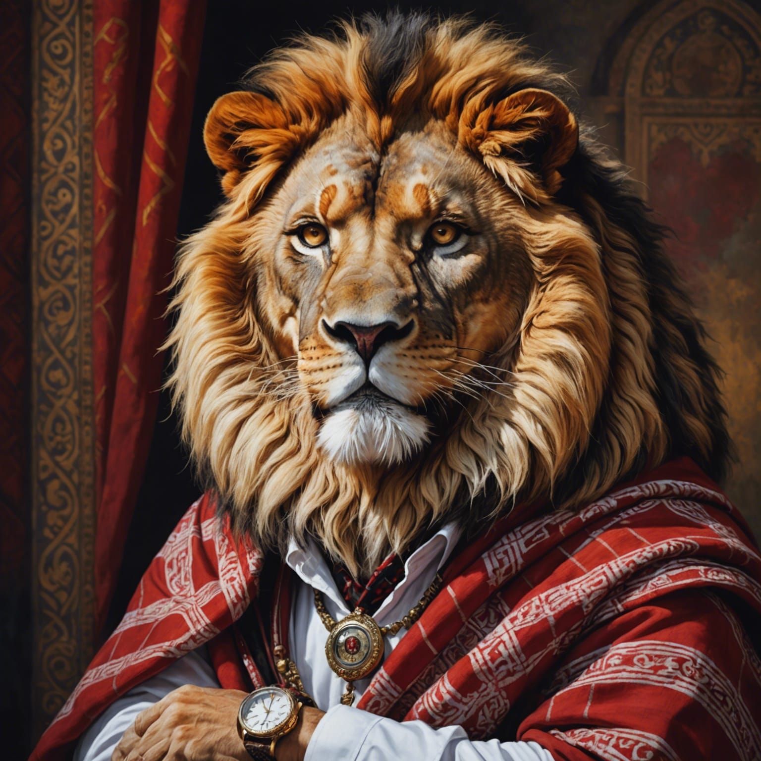 The star of the portrait is a majestic lion, magically trans...