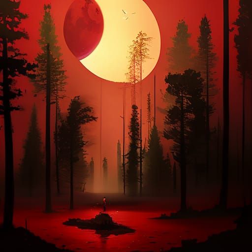 an old painting of a red moon hitting in the forest, by Ismail Inceoglu