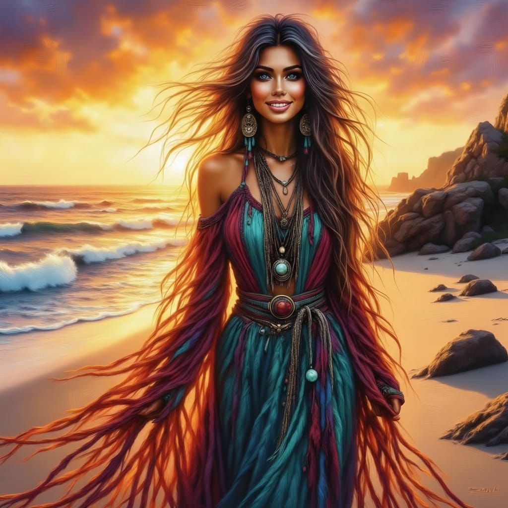 <lora:Beautiful women:1.0> A realistic and colorful painting of a beautiful Native American woman. She is wearing a beautiful dress of teal,...