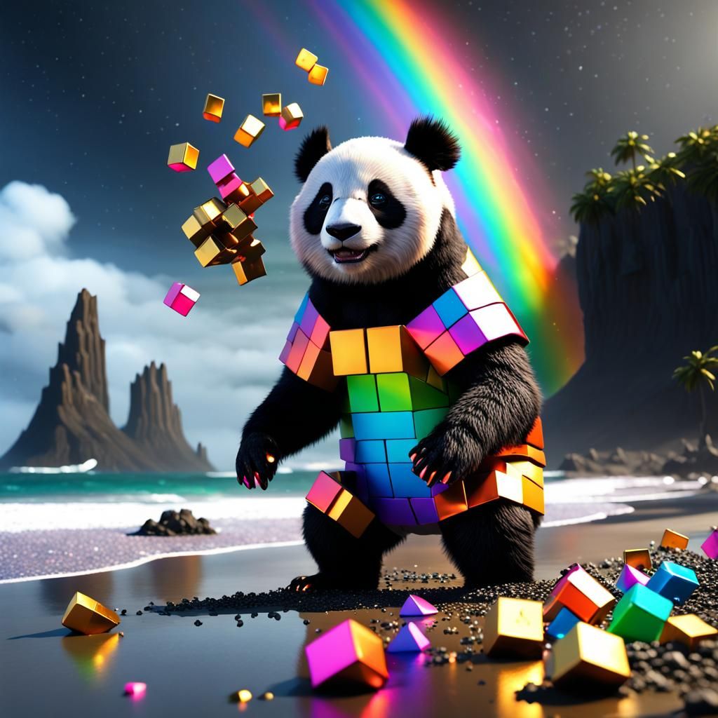 rainbow panda on a dark beach ,  rainbow volcano shooting gold blocks into the air ,neon  metal  by @amanda claireon