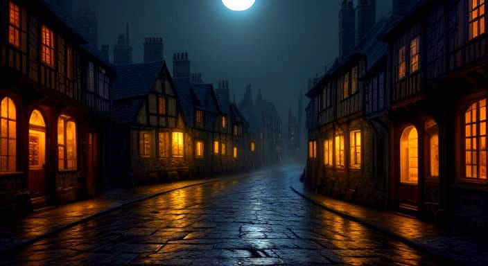 A medieval street with wet cobblestones, old stone houses, and wooden doors. Illuminated with warm, glowing lamps. Nighttime with a full moo...
