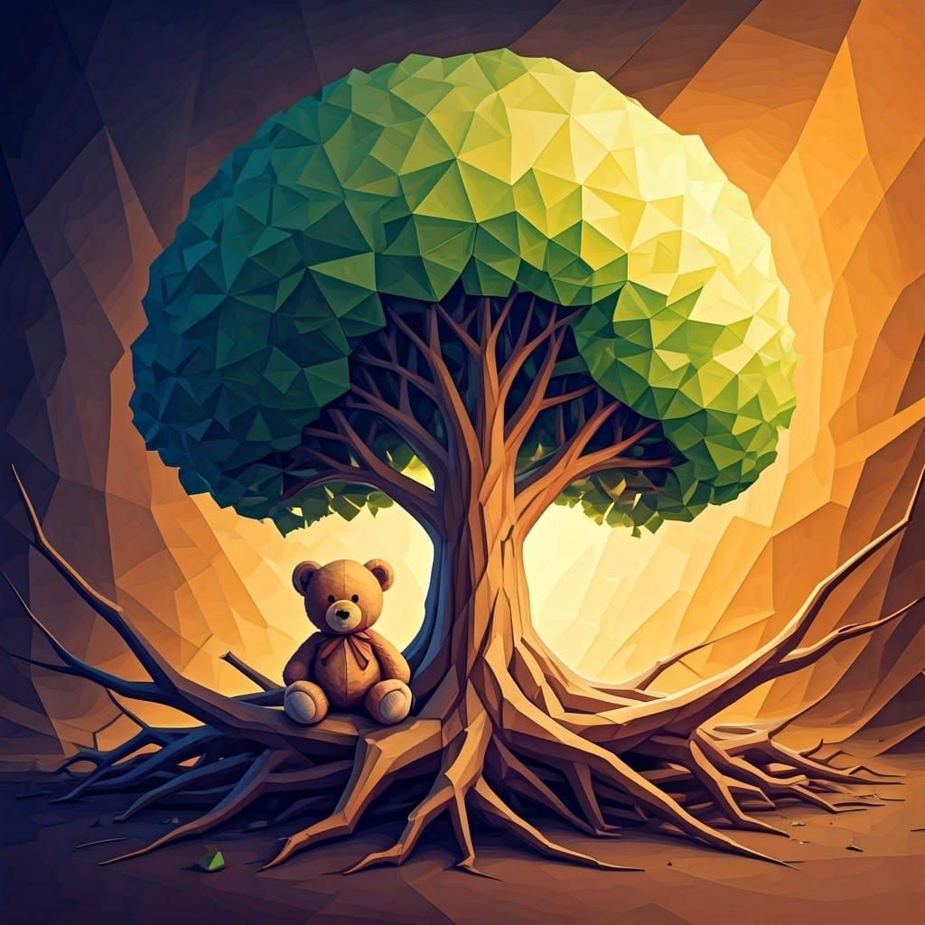Teddy Bear Amidst Cubist Tree Forms