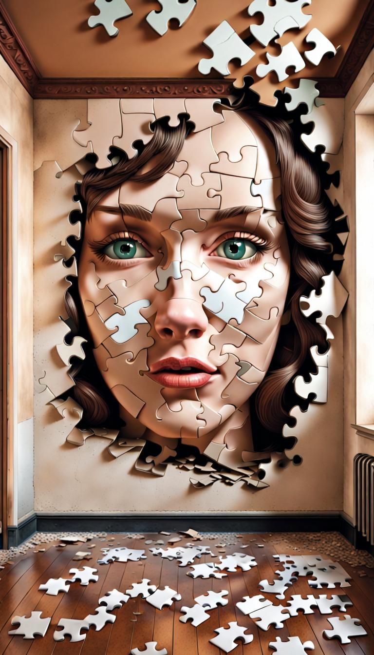 A crumbling Female face wall made out of puzzle pieces with pieces on the floor.  by @Pauly G