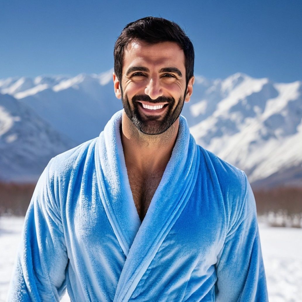 A handsome man with   black  hair and beard wearing a   ligh...