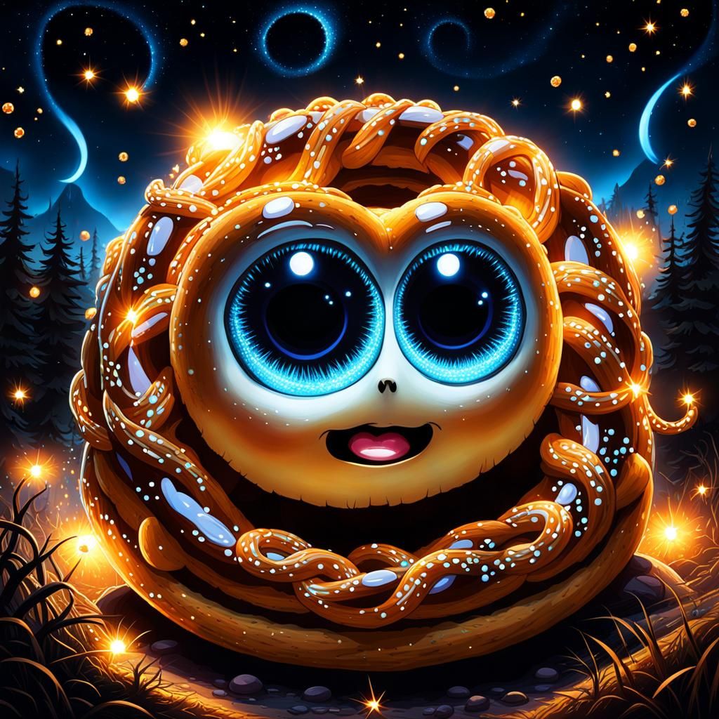 fantôme en bretzels creepy cute, grands yeux rêveur, cheveux...