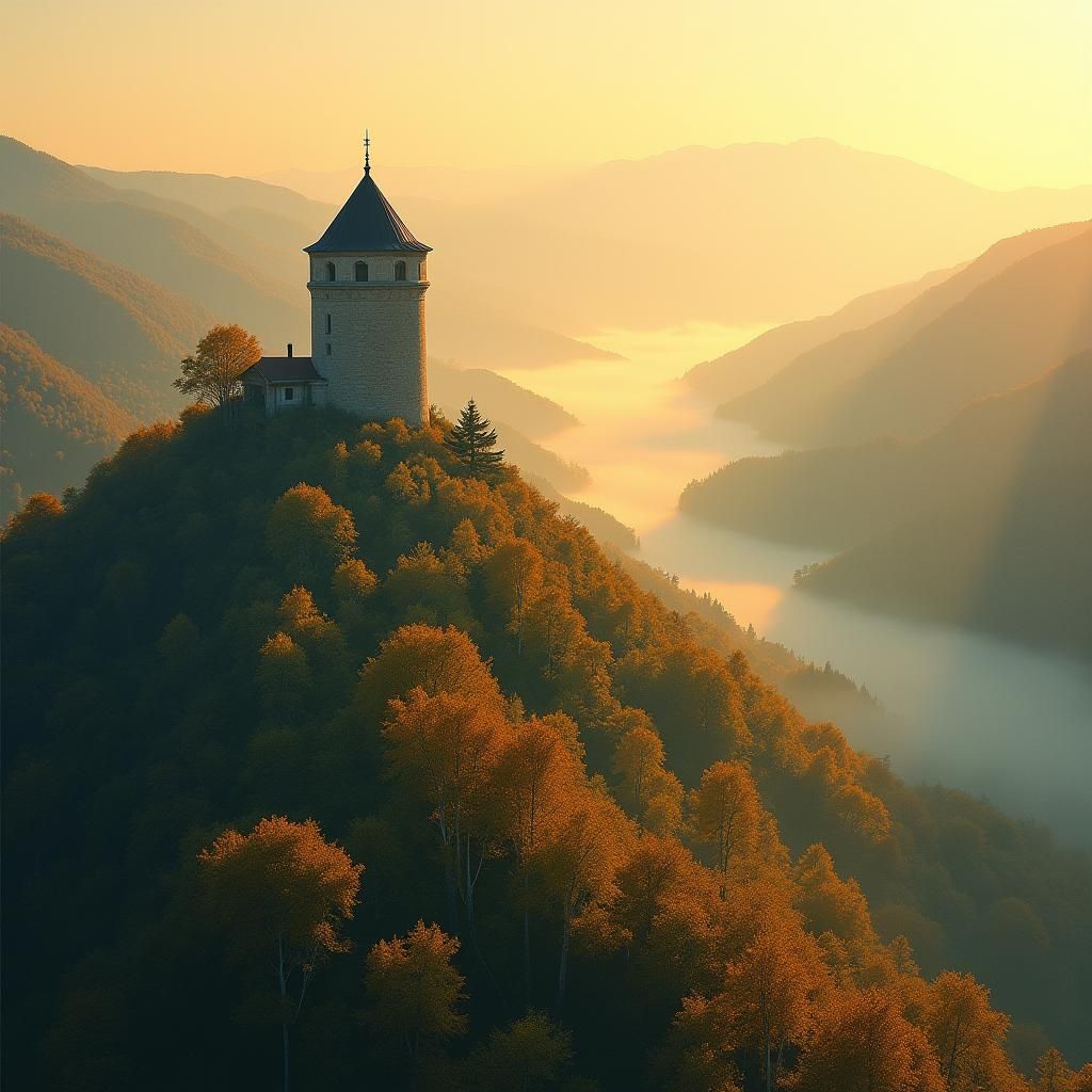 A stone tower on a hill, Lhiera, surrounded by forests and river valleys, picturesque, sunset light