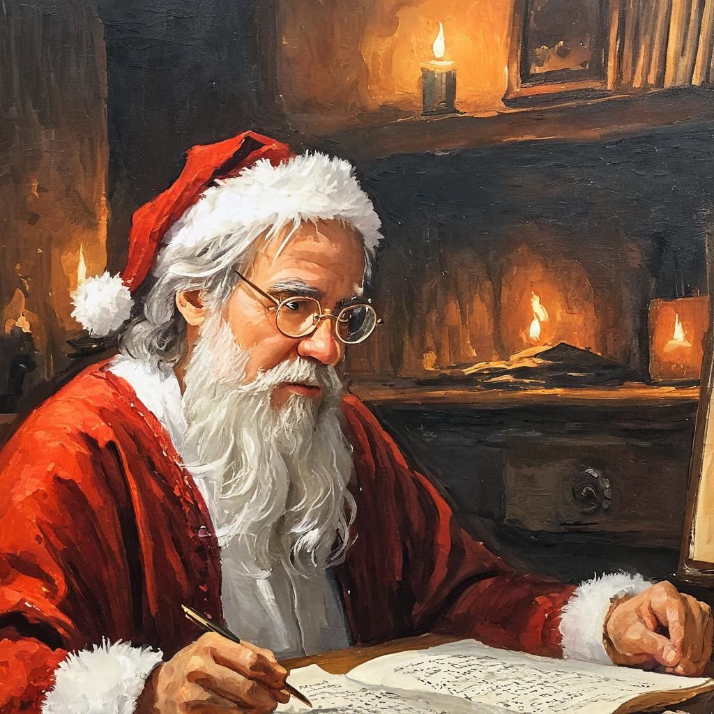 Portrait of Father Christmas, with long white beard, reading wish lists in his desk, his small reading classes are at his nose, candle light...