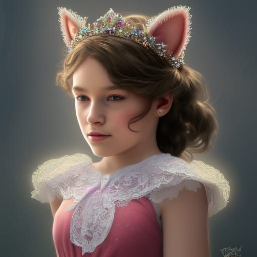 A six year old daughter wearing A fluffy cat princess dress with lace