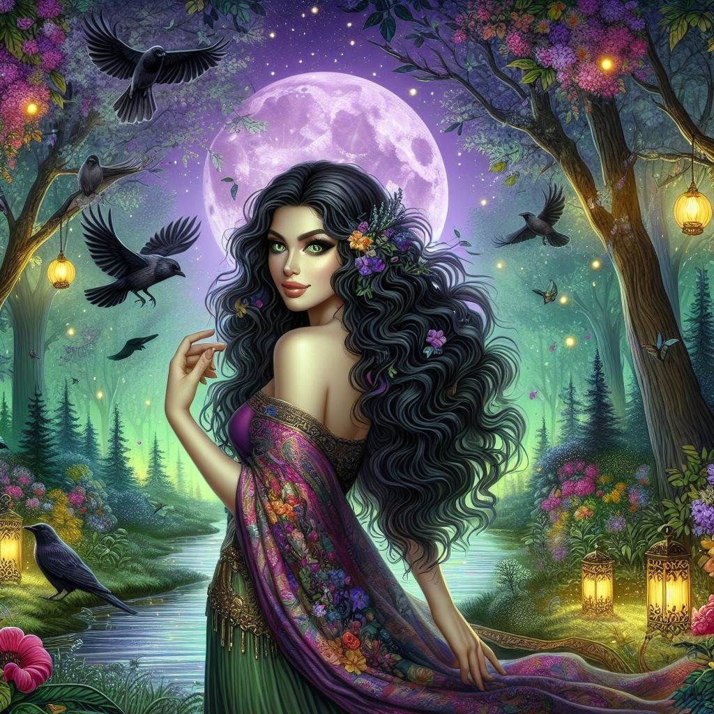 Lovely Gypsy Woman in The Night Forest