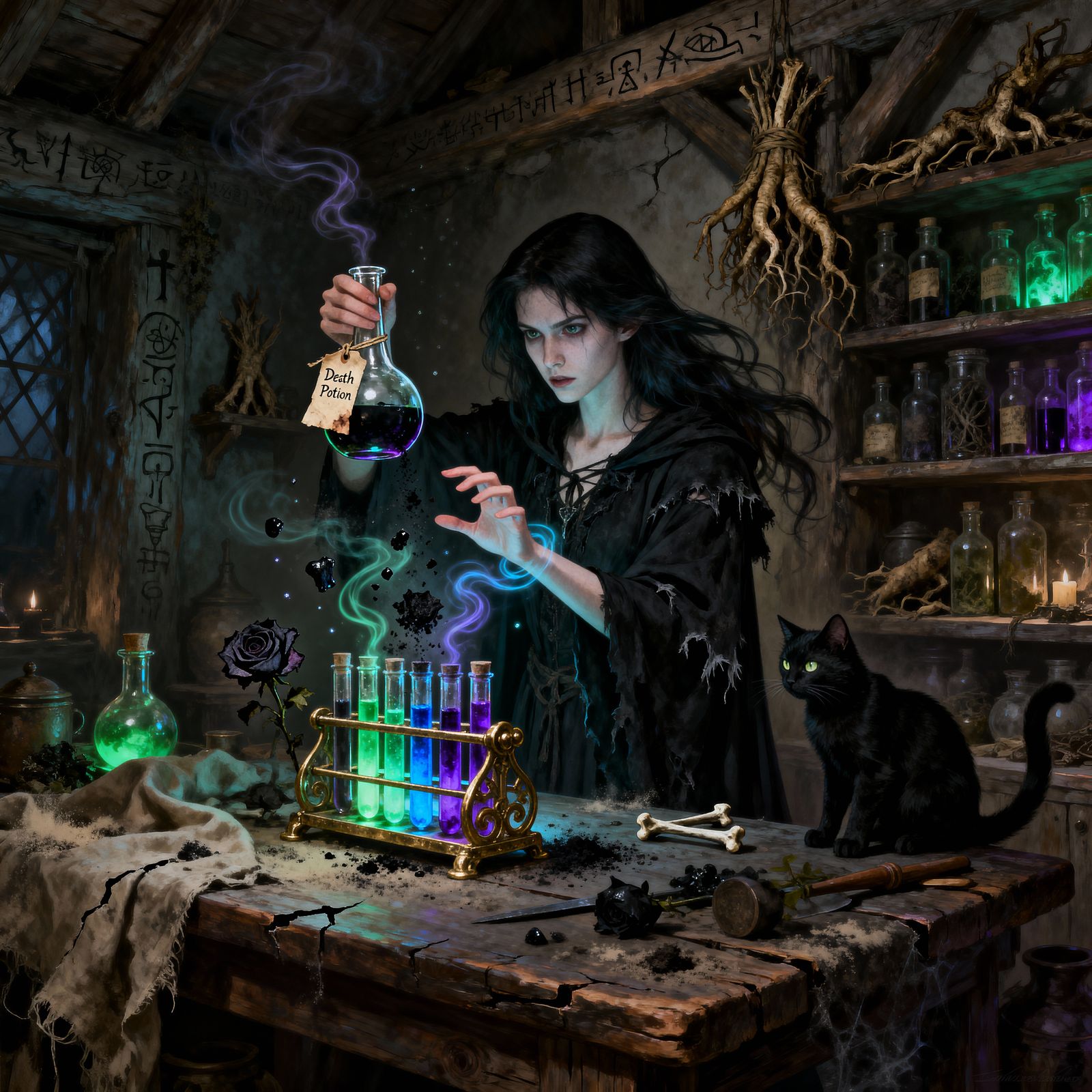 A young witch makes a potion