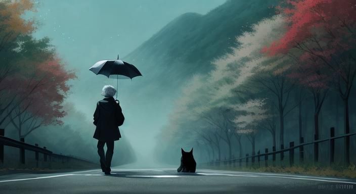 Anime Style Man Watching Black Cat in Autumn