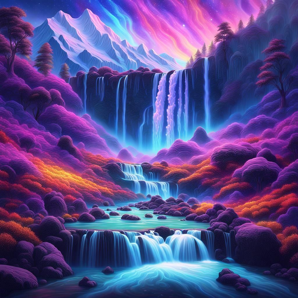 Cosmic Waterfalls: Holographic Astral Illustration