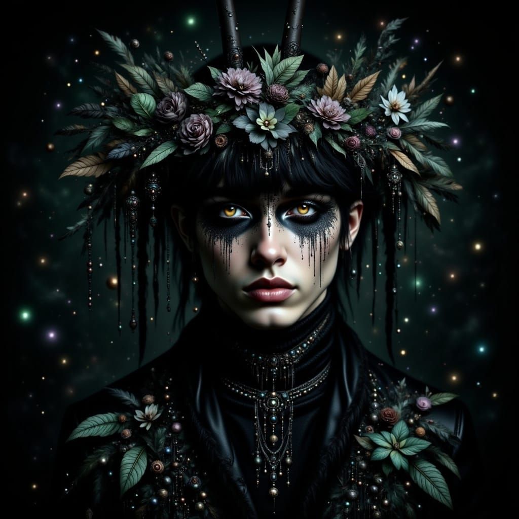 <lora:Ethereal Intensity:1.0> Man, man, man, mystic, ethereal, gothic, black, green leaves, florals, detailed and intricate, ethereal colors...