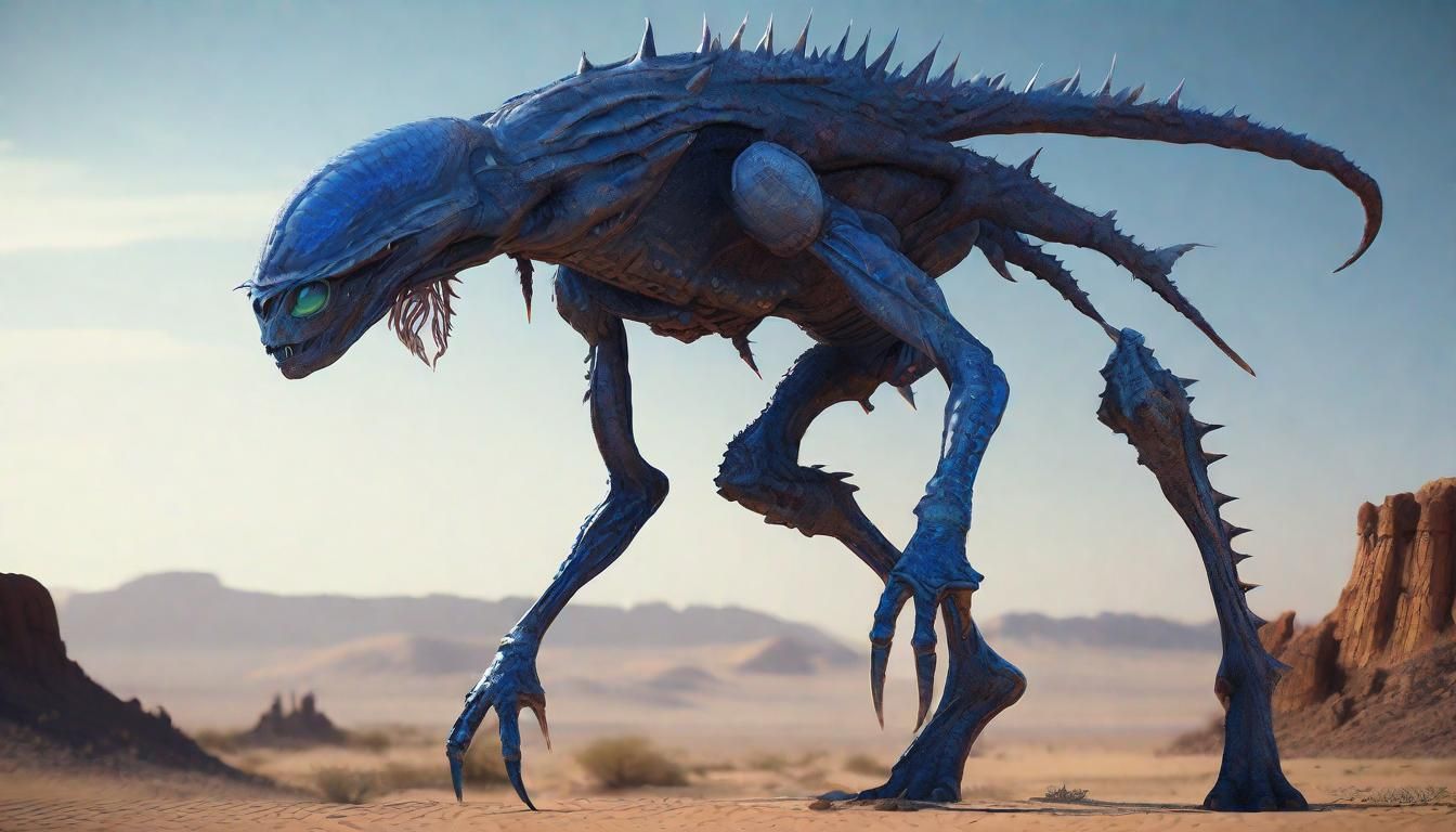 A blue skin alien soldier, with spindly arms and four legs, a reptilian ...