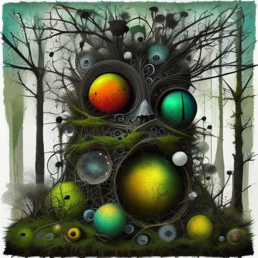 surreal, whimsical, bird hat, moss nest, birds, calm expression, knitted sweater, vintage, 1960s, muted colors, natural textures, fantastica...