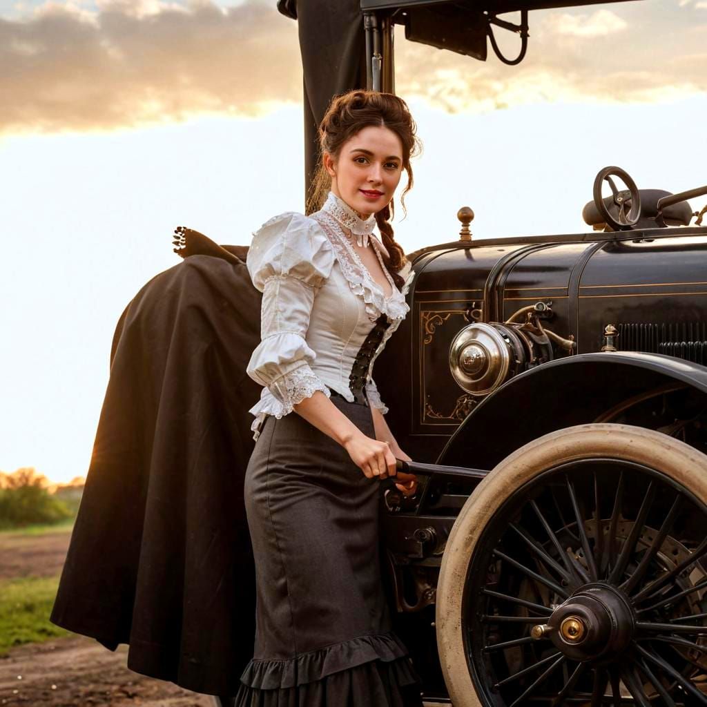 Victorian Lady Drives a Vintage Car