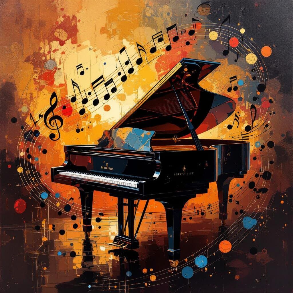 Piano Abstract musical, airbrush art, warm colors, gilded obsidian, expressionism, Hooft Graafland  by @Dengate Music