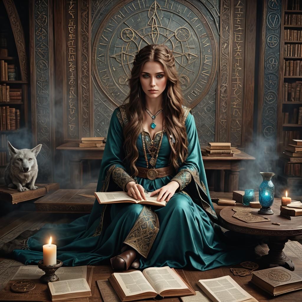 Fantasy Woman with Runes Book, Hyperrealistic Image