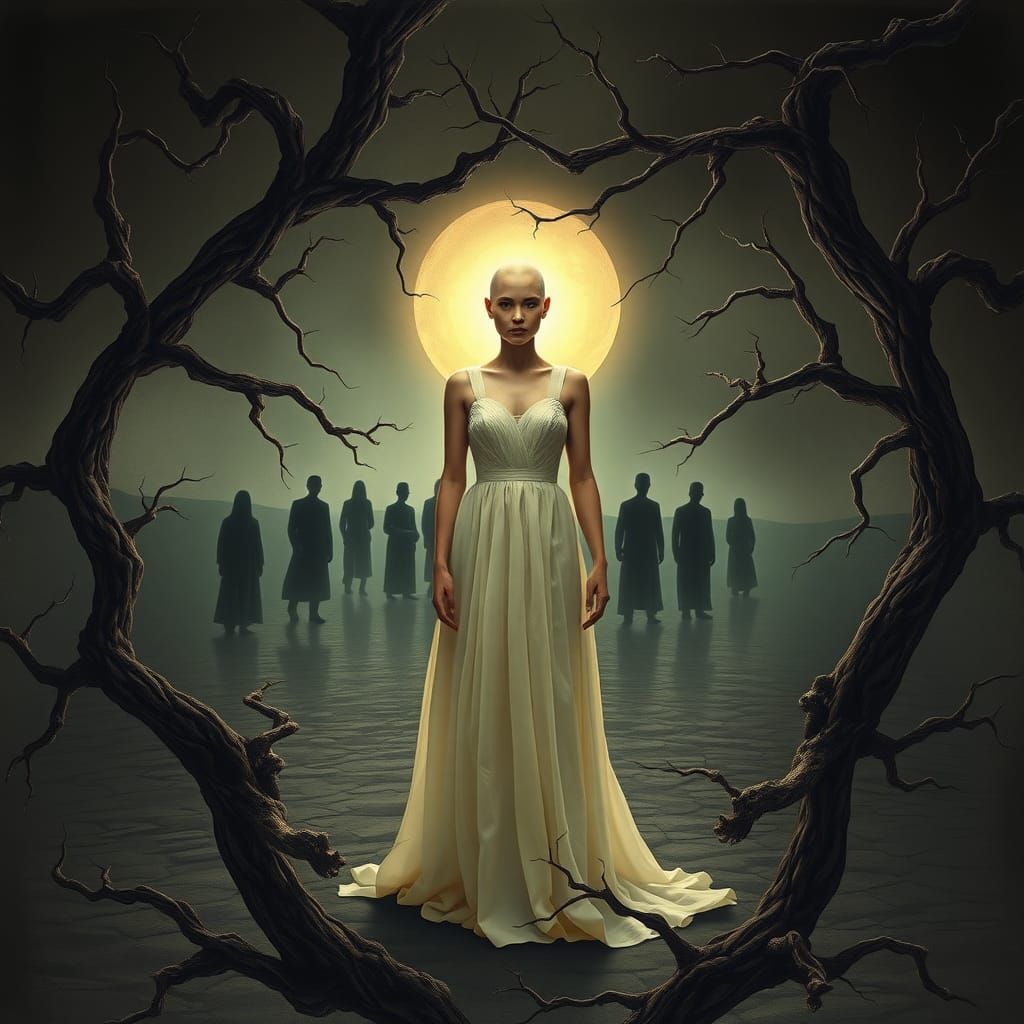 detailed, accurate, a mystical image of a bald woman in a fl...