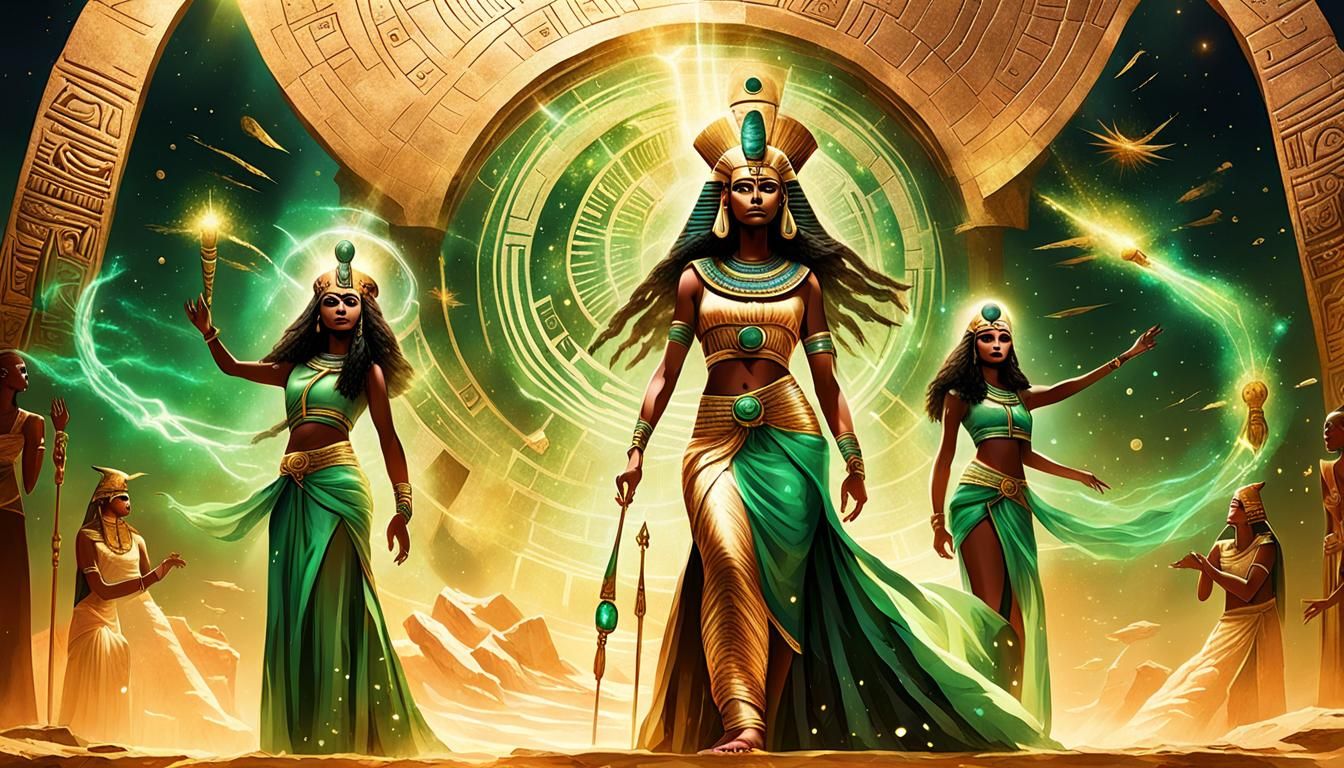 Two figures styled in ancient Egyptian attire. one girl is s...