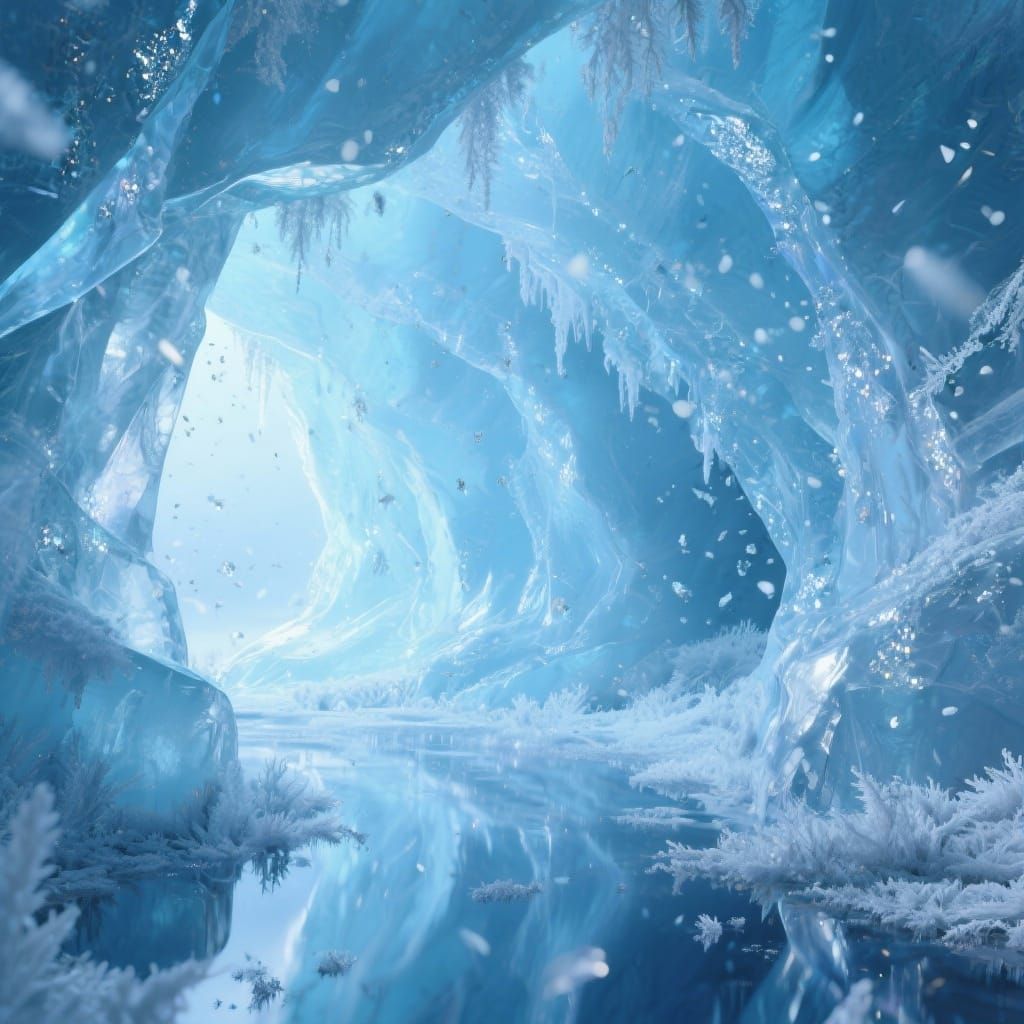 Translucent Ice Cave with Blue Reflections