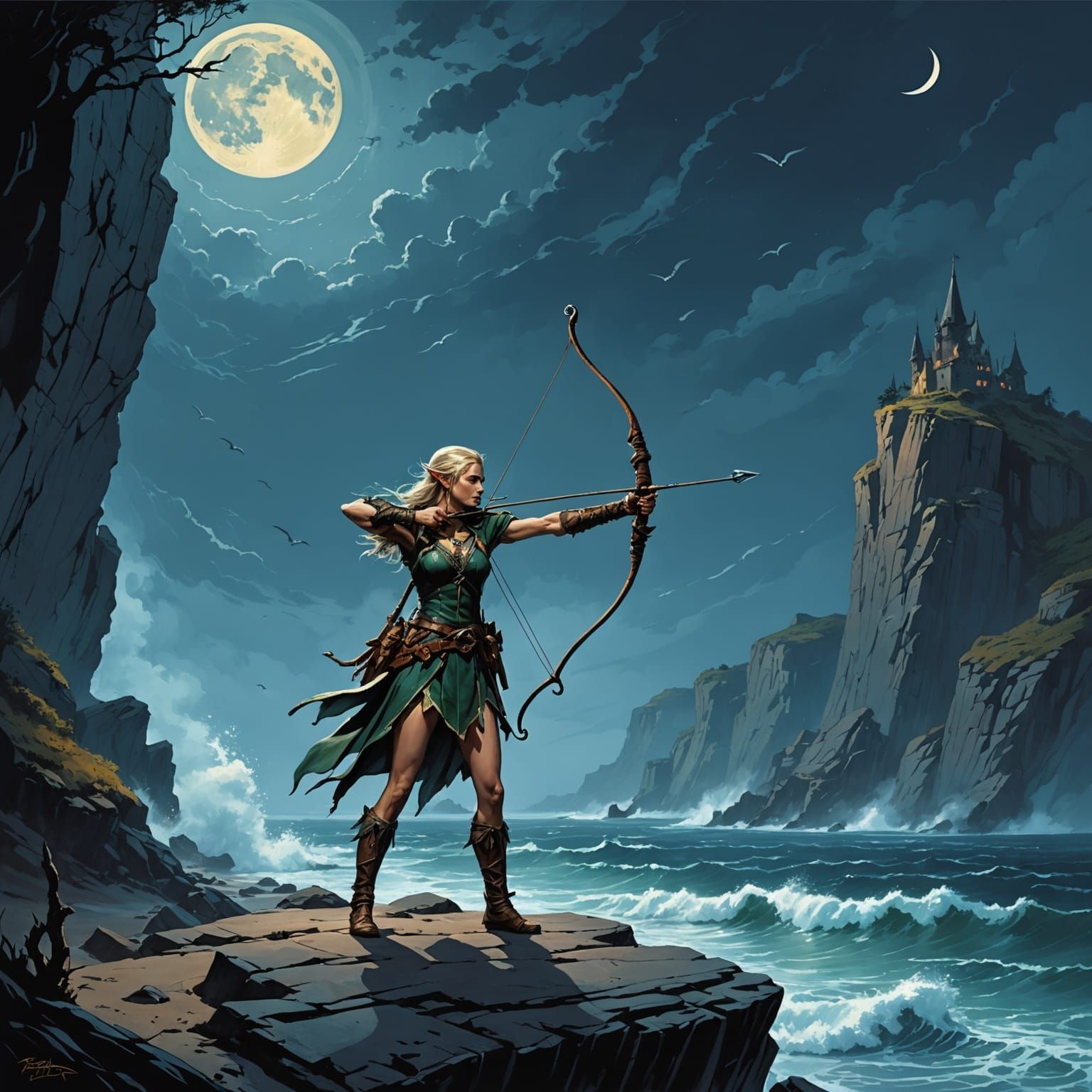 A lone elven archer stands on a cliff overlooking a moonlit beach, drawing back the string of her bow