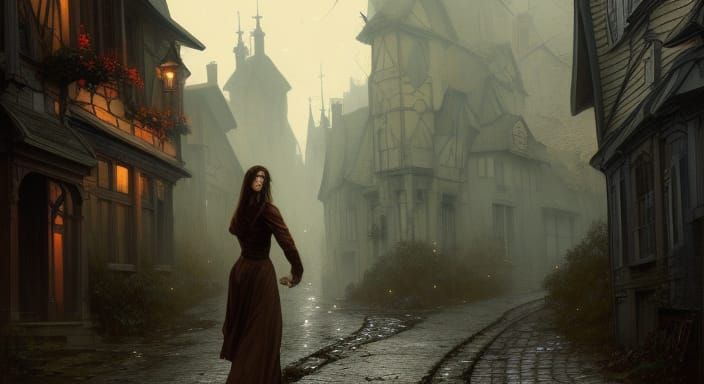 A beautiful brunette woman wanders along spooky countryside ...