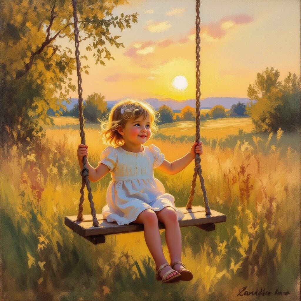 Joyful Child on Swing at Sunset in Impressionist Style