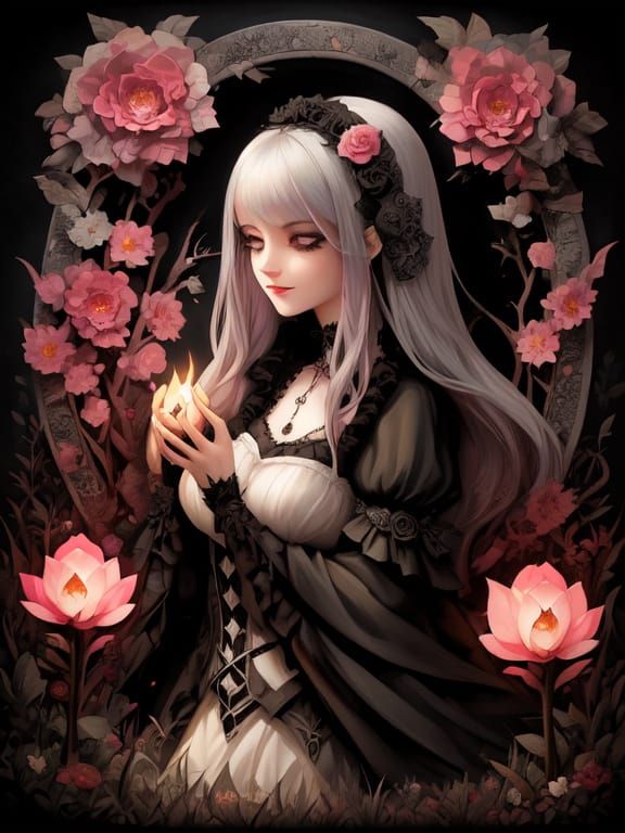 Elegant Gothic Woman Surrounded by Warmth and Pink Flowers