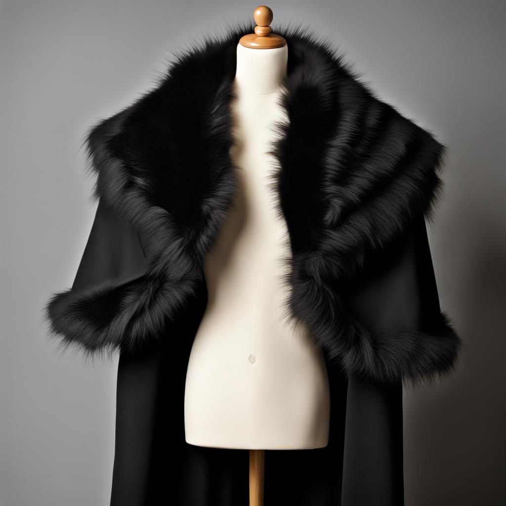 Black cape; fur-lined lapel; dark fur (reminiscent of a lion...