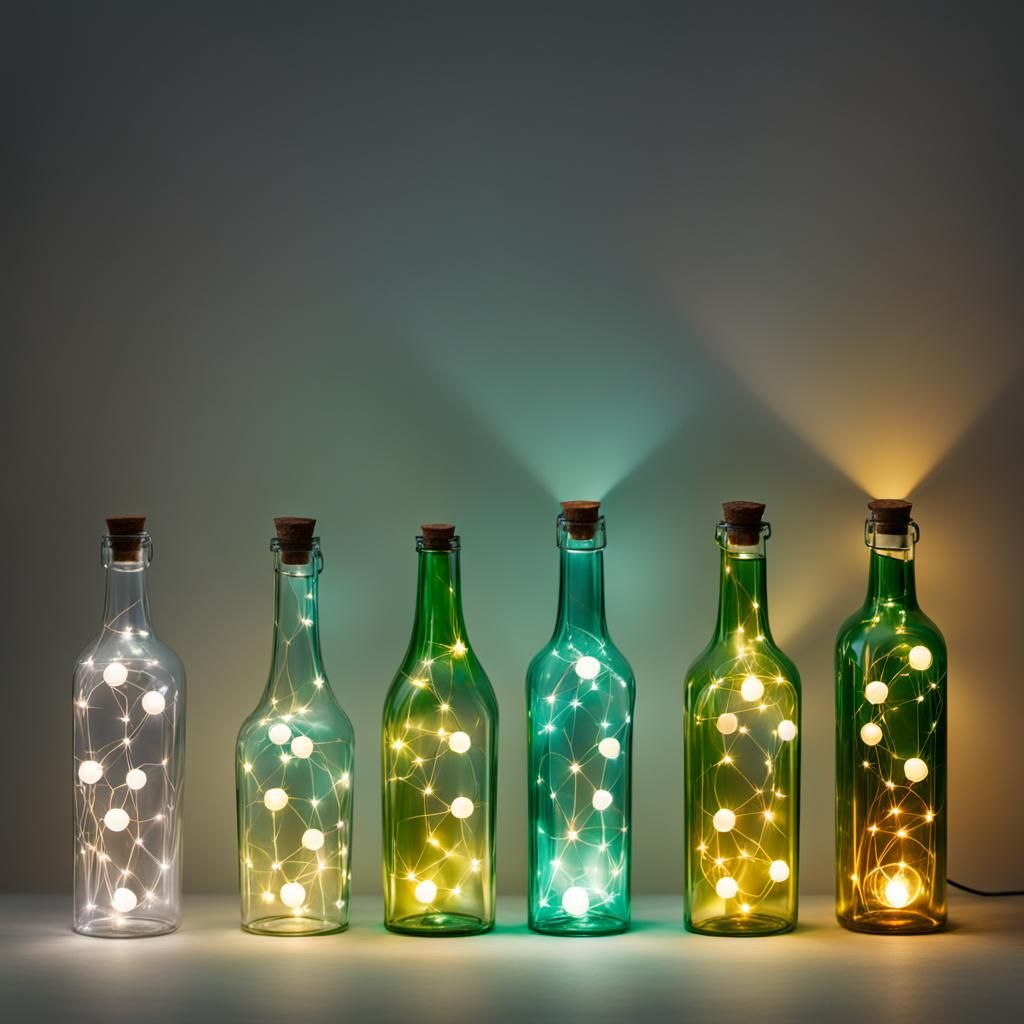 five different of bottles with lights in