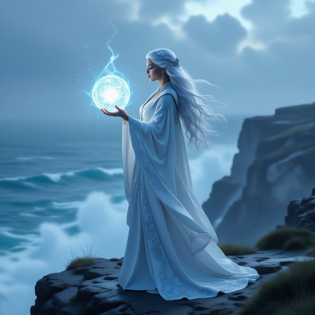 A lone sorceress with flowing silver hair stands on a windswept cliff overlooking a vast, stormy ocean. Her intricate robes are adorned with...