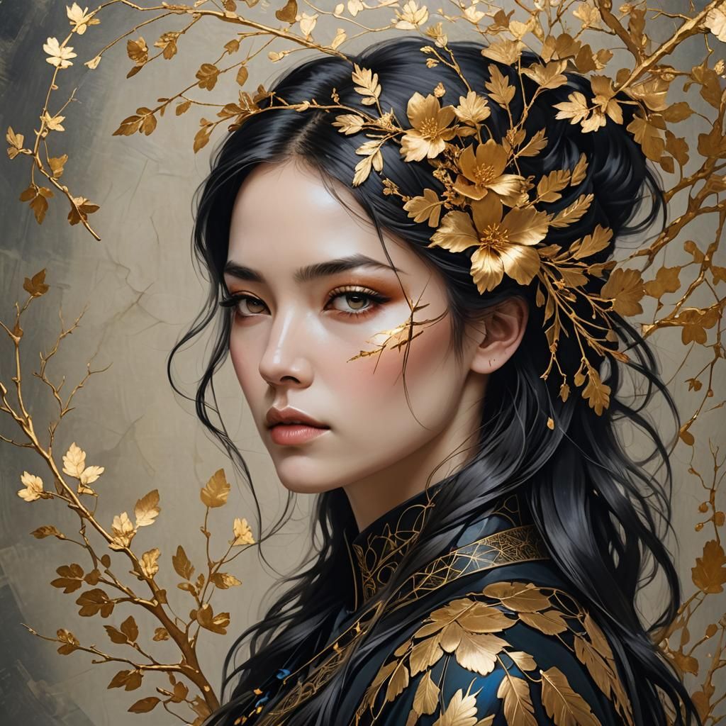 Woman with Crow Feathers and Golden Blossoms